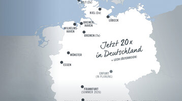 ATLANTIC Hotels – 19 Mal in Deutschland Karte von Deutschland mit 20 Hotelstandorten, darunter Sylt, Kiel, Lübeck, Bremen, Münster, Essen, Erfurt und München.
