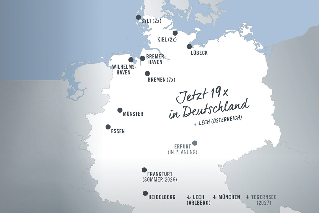 Karte von Deutschland mit 19 Hotelstandorten, darunter Sylt, Kiel, Lübeck, Bremen, Münster, Essen, Erfurt und München.