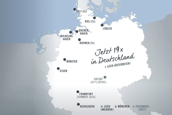 Karte von Deutschland mit 19 Hotelstandorten, darunter Sylt, Kiel, Lübeck, Bremen, Münster, Essen, Erfurt und München.