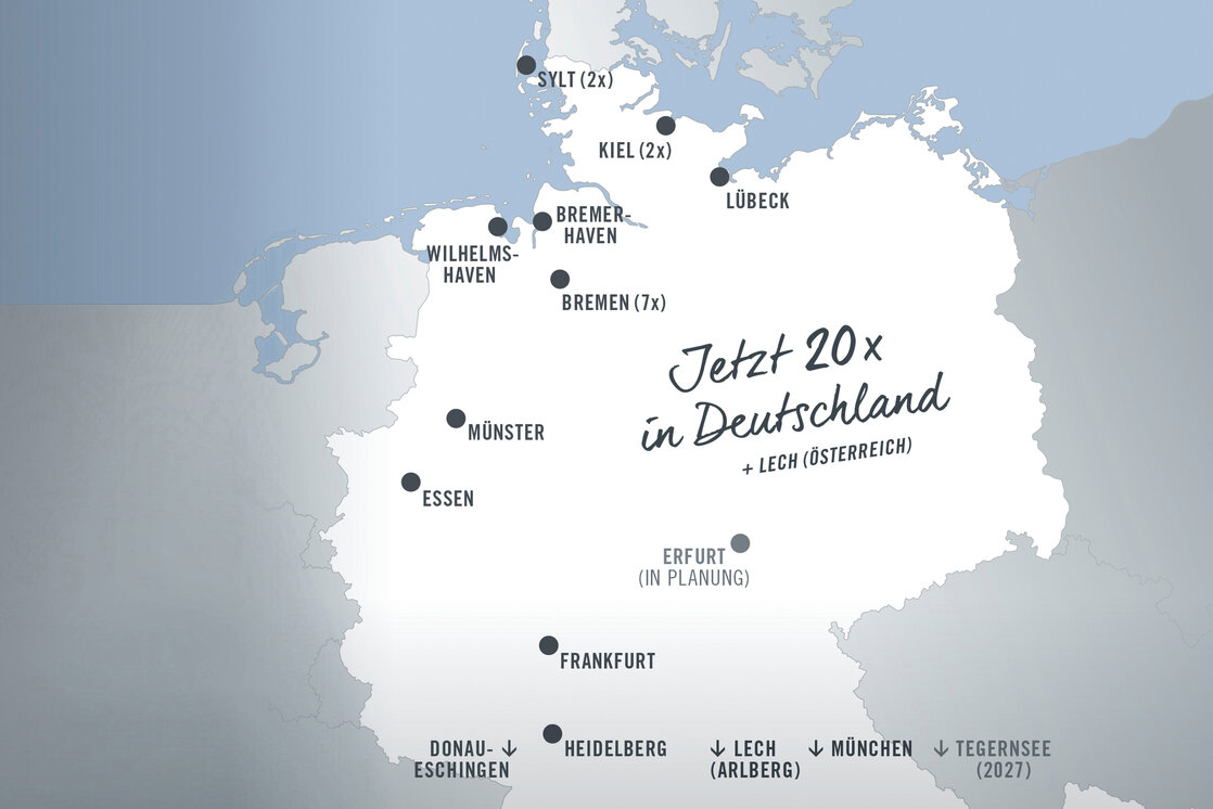 Karte von Deutschland mit 20 Hotelstandorten, darunter Sylt, Kiel, Lübeck, Bremen, Münster, Essen, Erfurt und München.