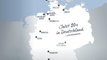 ATLANTIC Hotels – 19 Mal in Deutschland Karte von Deutschland mit 20 Hotelstandorten, darunter Sylt, Kiel, Lübeck, Bremen, Münster, Essen, Erfurt und München.