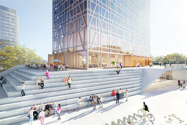 Modern hotel architecture with glass façade, surrounding seating steps and people in a relaxed atmosphere.