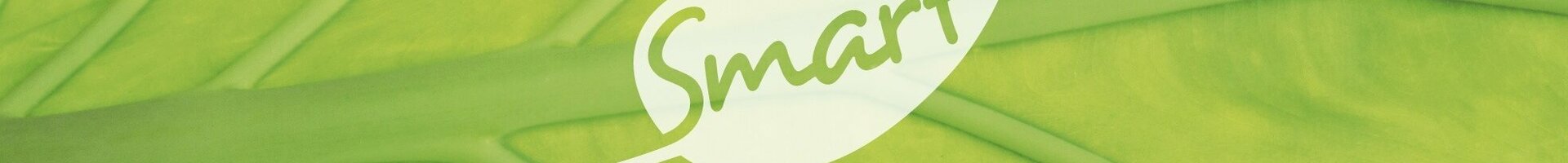Close-up of a green leaf with veins, on it a white leaf symbol with the word 'Smart'.