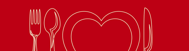 Linienzeichnung eines Herzens zwischen Gabel, Löffel und Messer auf rotem Hintergrund.
