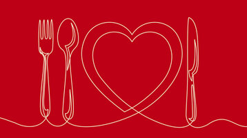 Linienzeichnung eines Herzens zwischen Gabel, Löffel und Messer auf rotem Hintergrund.
