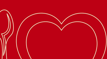 Linienzeichnung eines Herzens zwischen Gabel, Löffel und Messer auf rotem Hintergrund.