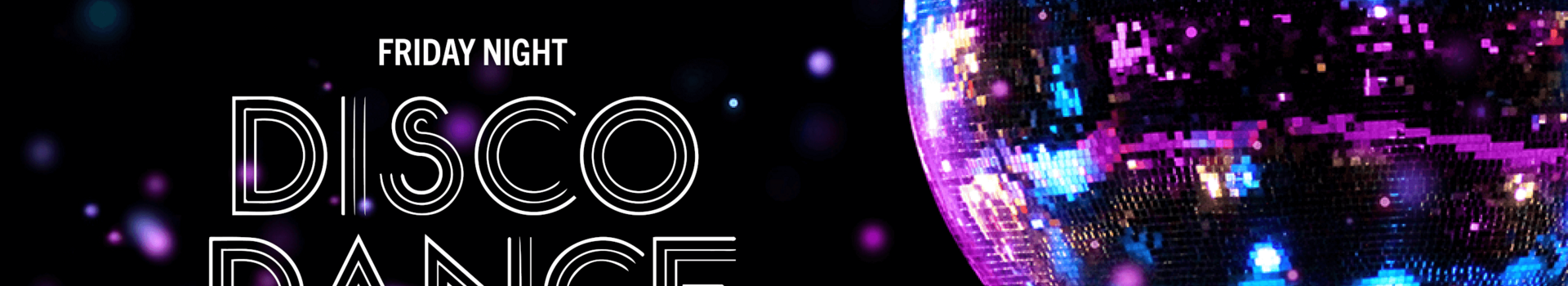 Disco ball and text "Welcome to the Friday Night Disco Dance" in the ATLANTIC Hotel Münster, colorful lights on a black background.