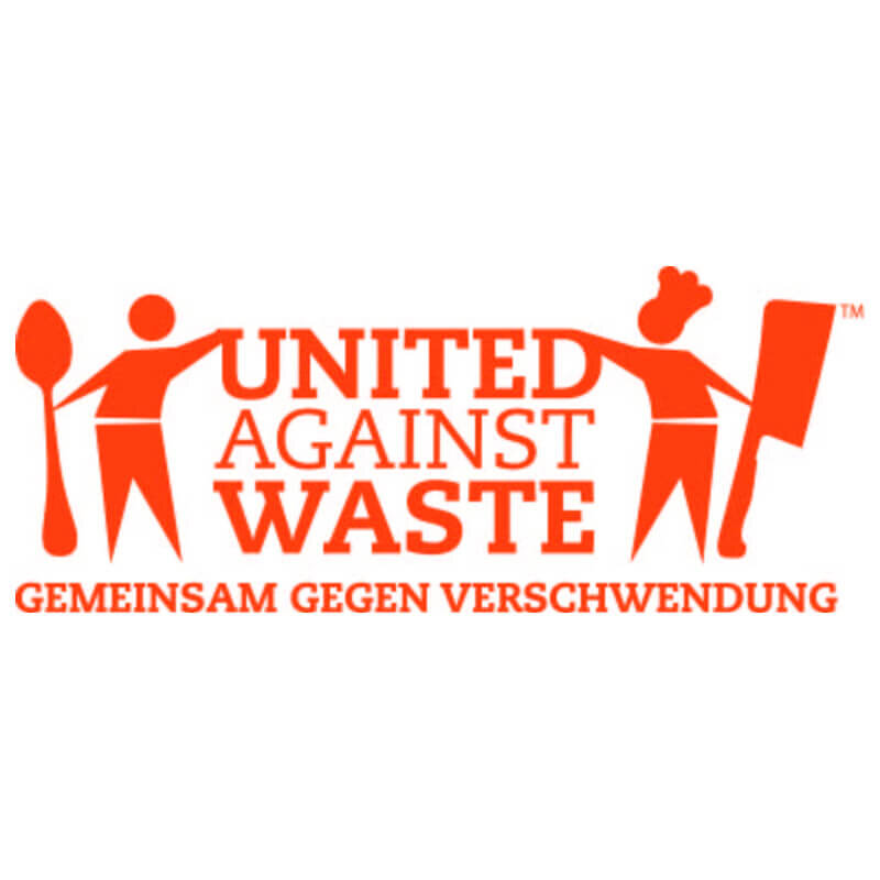 Logo "United Against Waste" mit Figuren, Löffel und Kochmütze, Text: "Gemeinsam gegen Verschwendung".