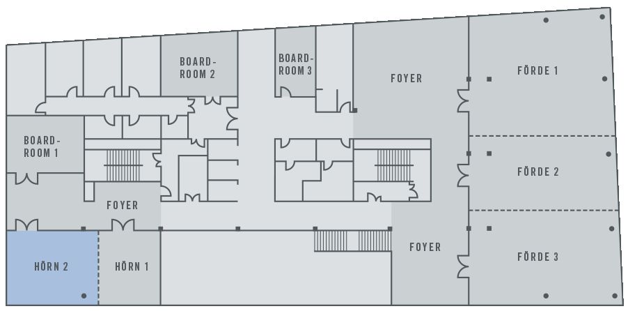 Grundriss des ATLANTIC Hotel Kiel: Konferenzräume "Hörn" und "Förde" sowie Foyer-Bereiche sind dargestellt.