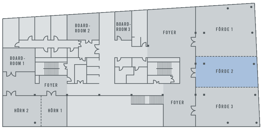 Grundriss des ATLANTIC Hotel Kiel mit markierten Konferenzräumen: Boardrooms, Hörn 1/2 und Förde 1/2/3.